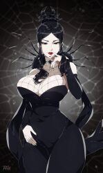  1girl absurdres arachne_gorgon artist_name black_dress black_eyes black_hair black_nails black_sleeves breasts closed_mouth commentary commission cowboy_shot detached_sleeves dress fingernails fishnets hair_bun hair_over_shoulder hand_up highres large_breasts light_smile long_fingernails looking_at_viewer mature_female parted_bangs pixiv_commission r3dfive red_lips silk single_hair_bun solo soul_eater spider_web strapless strapless_dress wide_hips  rating:Sensitive score:62 user:danbooru