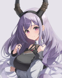  1girl arknights arm_under_breasts bad_hands black_dress breasts commentary dress grey_background grey_jacket hanavvi highres horns jacket large_breasts long_hair looking_at_viewer off_shoulder playing_with_own_hair purple_eyes purple_hair sidelocks simple_background smile solo typhon_(arknights) upper_body wavy_hair 