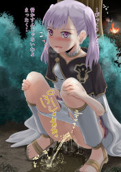  1girl anus black_clover blush bush censored clothes_pull feet female_focus grey_hair highres homare_(suzu_no_oka) humiliation japanese_text mosaic_censoring noelle_silva outdoors panties panty_pull pee pee_stain peeing puddle purple_eyes pussy sandals source_request squatting stain stained_panties stained_underwear sweat twintails underwear underwear_pull white_panties 