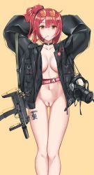  1girl ahoge arms_behind_head baggy_clothes black_coat blush body_writing breasts candy choker coat collarbone eyewear_on_head food gas_mask girls&#039;_frontline gun h&amp;k_mp7 hagirussia_(sanyanyanya) hair_ornament heckler_&amp;_koch jewelry lollipop looking_at_viewer machine_pistol mask mp7_(girls&#039;_frontline) name_connection navel nude_filter object_namesake orange_background personal_defense_weapon pink_hair pussy signature solo stomach strap submachine_gun suppressor third-party_edit tinted_eyewear twitter_username uncensored unzipped weapon yellow_eyes yp7_(vvy)  rating:Explicit score:33 user:Sanyanyanya