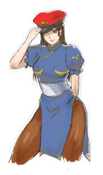  1girl alternate_hairstyle brown_eyes brown_hair brown_pantyhose capcom china_dress chinese_clothes chun-li cosplay dress earrings garrison_cap hair_down hat jewelry long_hair m._bison m_bison_(cosplay) non-web_source one_eye_closed pantyhose pelvic_curtain simple_background solo street_fighter white_background wink  rating:Questionable score:5 user:demonfencer