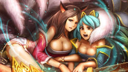  2girls ahri_(league_of_legends) animal_ears aqua_hair breasts brown_eyes brown_hair cleavage fox_ears fox_tail gradient_background highres league_of_legends looking_at_viewer multiple_girls open_mouth parted_lips sona_(league_of_legends) tail  rating:Questionable score:18 user:zxmad