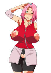  1girl alternate_breast_size arm_behind_back arm_up arm_warmers armpits bare_shoulders bike_shorts blush breasts censored clothing_cutout collarbone cowboy_shot crotchless curvy green_eyes haruno_sakura headband headdress heart heart_cutout huge_breasts impossible_clothes impossible_shirt looking_at_viewer mosaic_censoring naruto naruto_(series) nippleless_clothes nipples one_eye_closed pink_hair pink_skirt puffy_nipples pussy red_shirt salute shiny_skin shirt short_hair shorts shorts_under_skirt showgirl_skirt simple_background skin_tight skirt sleeveless sleeveless_shirt smile solo sunahara_wataru white_background wide_hips wink zipper  rating:Explicit score:113 user:BoozeHound