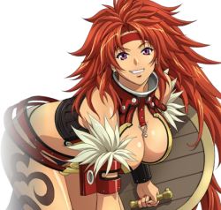  00s 1girl armband belt bent_over bracelet breasts cleavage female_focus jewelry large_breasts lowres purple_eyes queen&#039;s_blade red_hair risty_(queen&#039;s_blade) shield smile solo tattoo  rating:Sensitive score:45 user:snumpkin
