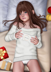  1girl barefoot black_hair blush box female_focus flat_chest gift gift_box handheld_game_console loli looking_at_viewer nefrubi panties playstation_portable solo sweater tagme thighs underwear  rating:Questionable score:261 user:hentazo