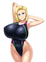  1girl android_18 blonde_hair breasts cleft_of_venus competition_swimsuit dragon_ball huge_breasts kawanuma_uotsuri one-piece_swimsuit solo swimsuit  rating:Questionable score:48 user:jojosstand
