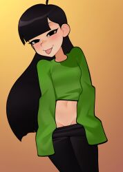 1girl ahoge black_hair black_pants blunt_bangs breasts closed_mouth clothes_pull codename:_kids_next_door cowboy_shot female_focus green_sweater groin half-closed_eyes highres loli long_hair long_sleeves loodncrood looking_at_viewer navel numbuh_3 pants pants_pull sleeves_past_fingers sleeves_past_wrists small_breasts smile solo standing sweater tongue tongue_out very_long_hair rating:Questionable score:295 user:MonsieurCinq