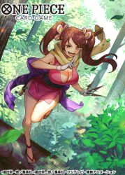  1girl bow breasts brown_hair cleavage commentary_request falling_feathers feathers floating_hair forest full_body hair_bow holding holding_shuriken holding_weapon japanese_clothes kimono leg_up looking_at_viewer nature obi official_art one_piece one_piece_card_game open_mouth pink_kimono purple_sash sandals sash scarf shinobu_(one_piece) shuriken smile solo sunohara_(encount) sword tree twintails weapon weapon_on_back yellow_scarf 