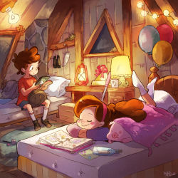  1boy 1girl 2020 baseball_cap bed bedroom blush_stickers book brother_and_sister brown_hair closed_eyes dated dipper_pines feet_up full_body gravity_falls hairband hat holding holding_book light_bulb long_hair lying mabel_pines millipen_(medium) nib_pen_(medium) no_shoes on_bed on_stomach pig pillow rug running_bond scrapbook shirt shoes siblings sitting smile socks sweater traditional_media twins umeda_yoshio waddles wooden_floor wooden_wall  rating:General score:47 user:danbooru
