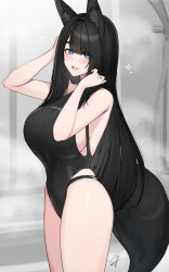 1girl :d animal_ears bare_shoulders black-haired_fox_girl_(hayabusa) black_hair black_one-piece_swimsuit blue_eyes blush breasts commentary_request fox_ears fox_girl fox_tail from_side hayabusa_(vert_320) highleg highleg_swimsuit highres large_breasts long_hair looking_at_viewer looking_to_the_side mole mole_under_eye one-piece_swimsuit open_mouth original signature smile solo swimsuit tail thick_eyebrows thighs  rating:Sensitive score:11 user:danbooru