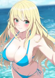  1girl absurdres aqua_eyes atago_(kancolle) bikini blonde_hair blue_bikini breasts cleavage collarbone commentary_request covered_erect_nipples highres kantai_collection large_breasts long_hair looking_at_viewer navel nitamako_(sakamalh) ocean outdoors parted_lips side-tie_bikini_bottom smile solo swimsuit 