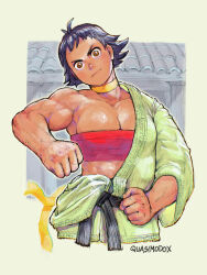  1girl absurdres belt biceps black_belt black_hair breasts brown_eyes chest_sarashi choker cleavage clenched_hands commentary deltoids dougi english_commentary furrowed_brow head_tilt highres karate_gi looking_at_viewer makoto_(street_fighter) martial_arts_belt medium_breasts muscular muscular_female quasimodox ribbon_choker sarashi serious short_hair single_off_shoulder solo street_fighter street_fighter_iii_(series) tan tomboy undressing yellow_choker 