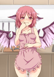 1girl aftersex animal_ears apron bare_shoulders blush breasts closed_mouth collarbone cum cumdrip cutting_board embarrassed fish frills kitchen knife lamprey looking_at_viewer medium_hair mystia_lorelei naked_apron no_headwear pink_hair purple_eyes solo spread_wings standing tears thighs tori_(minamopa) touhou wavy_mouth wings rating:Explicit score:38 user:danbooru