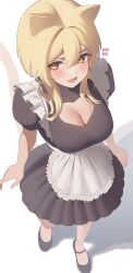  1girl alternate_costume animal_ears apron artist_name baobei_(baobei_bu) black_dress black_footwear blonde_hair blush breasts cat_ears cat_tail cleavage cleavage_cutout clothing_cutout commentary dress english_commentary enmaided fang frills full_body genshin_impact hair_between_eyes heart_cutout highres kemonomimi_mode large_breasts looking_at_viewer lumine_(genshin_impact) maid open_mouth puffy_short_sleeves puffy_sleeves shadow shoes short_hair short_sleeves sidelocks simple_background skin_fang solo standing tail teeth tongue v-shaped_eyebrows white_apron white_background yellow_eyes 