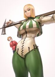  2girls absurdres bad_id bad_twitter_id blonde_hair bob_cut capelet closed_mouth emmelot_(wassnonnam) gambeson green_capelet green_eyes hammer highres holding holding_hammer holding_weapon looking_at_viewer multiple_girls muscular muscular_female original over_shoulder simple_background smile solo_focus war_hammer wass_nonnam weapon weapon_over_shoulder white_background  rating:Sensitive score:37 user:danbooru