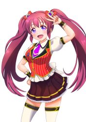  1girl :d arm_up black_skirt bow breasts collared_shirt commentary_request cowboy_shot frilled_skirt frills hair_bow hand_on_own_hip highres idol_clothes long_hair love_live! love_live!_school_idol_festival miyashita_coco_(love_live!) multicolored_vest necktie open_mouth pleated_skirt puffy_short_sleeves puffy_sleeves purple_eyes purple_necktie red_hair red_vest shirt short_sleeves skirt smile standing striped_clothes striped_vest thighhighs twintails two-tone_skirt v_over_head vertical-striped_clothes vertical-striped_vest vest white_background white_shirt white_thighhighs wrist_cuffs yellow_skirt zabi zettai_ryouiki 