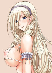  1girl arm_garter armlet beige_background bikini bikini_top_only blonde_hair blue_eyes breasts celia_kumani_entory covered_erect_nipples drill_hair drill_sidelocks eyes_visible_through_hair frills from_side hair_over_one_eye hairband ishihara_souka large_breasts long_hair looking_at_viewer looking_to_the_side micro_bikini micro_bikini_top nipples revealing_clothes see-through sideboob sidelocks simple_background solo strap_gap swimsuit underboob upper_body walkure_romanze white_bikini 