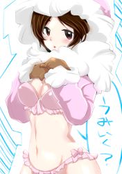  1girl 2010 adapted_costume aged_up bikini blush brown_eyes brown_hair coat cowboy_shot frilled_bikini frills fur_trim gloves hands_on_own_breasts ice_climber nana_(ice_climber) navel nintendo own_hands_together parka parted_bangs parted_lips solo swimsuit yukimimi  rating:Sensitive score:27 user:HomeStruck
