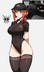  1girl black_leotard cameltoe character_request collared_shirt hat headpiece highres leotard makima_(chainsaw_man) mcdonald&#039;s orange_eyes orange_hair roblox shigezie shirt simple_background striped_clothes striped_thighhighs thick_thighs thighhighs thighs waitress white_background  rating:Sensitive score:12 user:danbooru