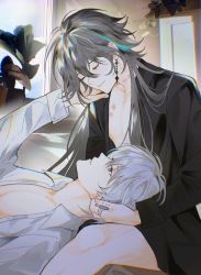 0nashiro 2boys aftersex bite_marks black_shirt blue_eyes earrings closed_eyes grey_hair hand_on_another&#039;s_head hickey highres honkai_(series) honkai_impact_3rd implied_sex jewelry kevin_kaslana long_hair looking_at_another male_focus morning multiple_boys open_clothes open_shirt shirt su_(honkai_impact) white_hair white_shirt yaoi rating:Questionable score:9 user:nano_desu