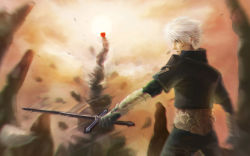  1boy armor fighting green_eyes male_focus mirage_noir solo sword tagme vesper_(mirage_noir) weapon white_hair wind 