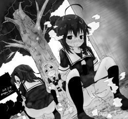 3girls ahoge blush clothes_lift highres looking_at_viewer monochrome multiple_girls open_mouth outdoors panties panty_pull peeing puddle pussy school_uniform shoes skirt skirt_lift smile socks squatting steam tagme tree uncensored underwear rating:Explicit score:8 user:Road50