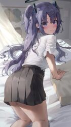  1girl absurdres bed bedroom black_skirt blue_archive blue_eyes blush closed_mouth curtains day halo hashtag-only_commentary highres looking_at_viewer mechanical_halo on_bed pita_goral purple_eyes purple_hair shirt skirt solo two_side_up white_shirt yuuka_(blue_archive)  rating:General score:6 user:danbooru