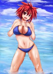  1girl angela_strraughend artist_request bikini highres looking_at_viewer red_eyes red_hair rusty_hearts short_hair smile solo spiked_hair swimsuit  rating:Sensitive score:21 user:Lehran