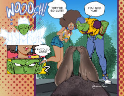  1boy 1girl afro amartbee animal backwards_hat baseball_cap big_hair blue_shorts breasts brown_eyes brown_lips casual colored_skin commentary crop_top dark-skinned_female dark_skin denim dragon_ball dragon_ball_super dragon_ball_super_super_hero earrings english_commentary english_text front-tie_top green_skin hands_in_pockets hat highres hoop_earrings janet_(dragon_ball) jeans jewelry kiss looking_at_animal medium_breasts namekian pants piccolo pointy_ears seal_(animal) shorts speech_bubble sportswear standing standing_on_one_leg strappy_heels transformation whiskers yellow_eyeliner zoo 