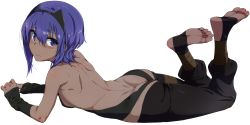  1girl absurdres animal_ears ass back bare_back bare_shoulders barefoot blush breasts butt_crack cat_ears closed_mouth dark-skinned_female dark_skin fate/prototype fate/prototype:_fragments_of_blue_and_silver fate_(series) feet female_focus fingerless_gloves gloves hassan_of_serenity_(fate) highres lying purple_eyes purple_hair sideboob simple_background small_breasts soles solo toeless_legwear toes torichamaru white_background  rating:Sensitive score:51 user:Maciste