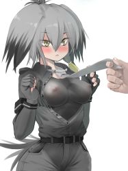 10s 1girl blouse bodysuit breasts collared_shirt grey_shirt kemono_friends layered_sleeves long_sleeves necktie nipples open_clothes open_shirt rousokuc see-through shirt shoebill_(kemono_friends) short_over_long_sleeves short_sleeves simple_background solo_focus white_background rating:Questionable score:12 user:danbooru