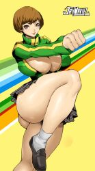  1girl ass bare_legs breasts cleavage curvy female_focus highres huge_ass huge_breasts jay-marvel leg_up looking_at_viewer matching_hair/eyes persona persona_4 satonaka_chie short_hair skirt solo thick_thighs thighs  rating:Sensitive score:22 user:catonfire26
