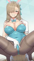  1girl animal_ears areola_slip asuna_(blue_archive) asuna_(bunny)_(blue_archive) blue_archive blue_eyes blush bow bowtie breasts brown_pantyhose cleavage detached_collar fake_animal_ears gloves hair_over_one_eye highres large_breasts leotard long_hair looking_at_viewer mole mole_on_breast nt00 paid_reward_available pantyhose playboy_bunny pussy cameltoe rabbit_ears simple_background smile solo spread_legs spread_pussy spread_pussy_under_clothes traditional_bowtie white_gloves  rating:Explicit score:65 user:danbooru