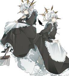  1boy apron black_footwear broom crossdressing feathered_wings frills halo head_wings highres holding holding_apron holding_broom honkai:_star_rail honkai_(series) light_smile looking_to_the_side maid maid_apron maid_day maid_headdress medium_hair neck_ribbon oo_1y ribbon sitting spiked_halo sunday_(honkai:_star_rail) thighhighs walking white_apron white_background white_hair wings yellow_eyes 