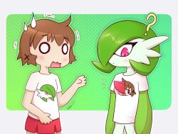 2girls ? ancesra arms_at_sides blank_eyes blush bob_cut border brown_hair character_print closed_mouth clothed_pokemon colored_skin comedic_sweatdrop commission commissioner_upload creatures_(company) crossover dot_mouth female_focus flat_chest game_freak gardevoir gen_3_pokemon gradient_background green_background green_hair green_skin hair_ornament hair_over_one_eye hand_up hidamari_sketch light_blush looking_at_self looking_down miniskirt multicolored_skin multiple_girls nervous nintendo notice_lines o_o one_eye_covered open_mouth outline outside_border pleated_skirt pokemon pokemon_(creature) red_skirt shirt short_hair short_sleeves sidelocks simple_background skirt standing torn_clothes torn_shirt transparent_border trembling two-tone_skin upper_body wavy_mouth white_eyes white_shirt white_skin x_hair_ornament yuno_(hidamari_sketch)