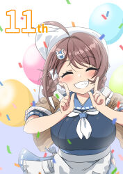  172cm 1girl ahoge apron balloon blush breasts brown_hair brown_shawl chougei_(kancolle) closed_eyes confetti facing_viewer grin hair_ornament hair_ribbon hair_rings highres index_finger_raised jewelry kantai_collection large_breasts neckerchief ribbon ring shawl simple_background smile solo waist_apron wedding_ring white_apron white_neckerchief white_ribbon 