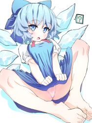  1girl ? barefoot blue_bow blue_dress blue_eyes blue_hair blush bow cirno collared_shirt detached_wings dress fairy hair_bow ice ice_wings looking_at_viewer open_mouth panties polpol puffy_short_sleeves puffy_sleeves shirt short_sleeves simple_background solo spoken_question_mark toes touhou underwear white_background white_panties white_shirt wings 