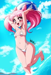 1girl absurdres armpits arms_up ball barefoot beachball bikini bishoujo_senshi_sailor_moon blush breasts cameltoe chibi_usa danmakuman day feet female_focus highres loli navel ocean open_mouth outdoors pink_hair red_eyes sky small_breasts smile solo standing standing_on_one_leg swimsuit toes twintails water white_bikini  rating:Questionable score:65 user:DarkToonLink