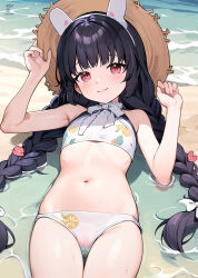  1girl absurdres bare_arms bare_legs bikini black_hair bladetea blue_archive blue_sky blurry braid commentary_request flat_chest hair_between_eyes halo hat highres horizon long_hair looking_at_viewer low_twin_braids low_twintails lying miyu_(blue_archive) miyu_(swimsuit)_(blue_archive) navel official_alternate_costume official_alternate_hairstyle on_back pink_eyes print_bikini ribs see-through sidelocks skinny sky solo stomach straw_hat sun_hat swimsuit twin_braids twintails wet wet_clothes wet_swimsuit white_bikini 
