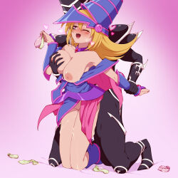  1boy 1girl armpits bare_shoulders blonde_hair blue_eyes blush_stickers breasts clothed_sex condom cum cum_on_body cum_on_breasts cum_on_legs cum_on_upper_body dark_magician dark_magician_girl grabbing grabbing_another&#039;s_breast hat heart heart-shaped_pupils hetero holding holding_condom kneeling large_breasts long_hair mizutenka nipples one_eye_closed purple_headwear saliva sex sex_from_behind simple_background symbol-shaped_pupils used_condom witch_hat yu-gi-oh! 