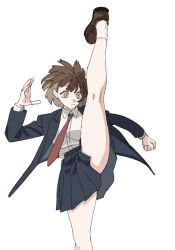  billyonthestraw blazer brown_hair clenched_hands collared_shirt dress_shirt flexible highres jacket kicking kneehighs loafers necktie open_clothes open_jacket original pleated_skirt shirt shoes short_hair simple_background skirt socks solo split standing standing_on_one_leg standing_split thighs white_background yellow_eyes 