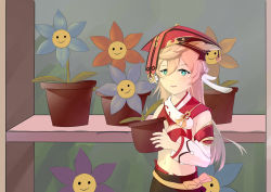  1girl absurdres antlers bms bms_of_fighters chinese_clothes derivative_work flower flower_pot genshin_impact highres holding horns mopemope optie_animation phigros pink_hair shelf smile yanfei_(genshin_impact)  rating:General score:4 user:Till_death