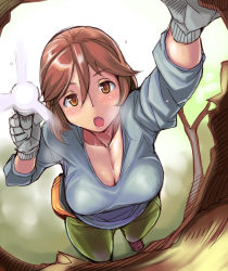 1girl blush breasts brown_eyes brown_hair cleavage fanny_pack fisheye flashlight from_above gloves large_breasts looking_at_viewer aged_up open_mouth rozen_maiden short_hair solo souseiseki sweat tsuda_nanafushi rating:Sensitive score:29 user:danbooru