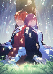  1boy 1girl bandaged_arm bandages black_coat black_hair black_shirt blunt_bangs bracelet buttons closed_eyes closed_mouth coat commentary_request dress fern_(sousou_no_frieren) fingernails grass highres jewelry long_hair multicolored_hair open_clothes open_coat parted_lips purple_hair red_coat red_hair shirt sitting sleeping sousou_no_frieren stark_(sousou_no_frieren) straight_hair streaked_hair sua_lucid sunlight tree twitter_username two-tone_hair white_dress 