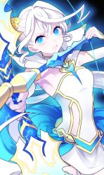  10s 1girl :o alisha_diphda armpits biskekun blue_background blue_eyes bow_(weapon) dress highres kamui_(tales_of_zestiria) long_hair looking_at_viewer mikleo_(tales) ponytail popped_collar solo tales_of_(series) tales_of_zestiria upper_body weapon white_dress white_hair 