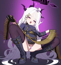  1girl absurdly_long_hair absurdres black_footwear black_halo black_horns blue_archive boots bullet cromachina cross-laced_footwear gradient_background hair_ornament halo highres hina_(blue_archive) horns loli long_hair looking_at_viewer military_uniform open_mouth panties purple_background purple_eyes purple_panties purple_thighhighs solo squatting thighhighs underwear uniform very_long_hair white_hair 