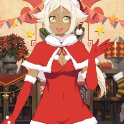  1girl alternate_costume breasts capelet challengia christmas christmas_ornaments cleavage dark-skinned_female dark_skin dress elbow_gloves gloves happy hat indoors large_breasts nchans nchans_style nyachan official_art open_mouth orcaleon ponytail red_capelet red_dress red_gloves santa_costume santa_dress santa_gloves santa_hat solo white_hair yellow_eyes 