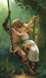  1boy 1girl archaic_set_(zelda) arm_tattoo arms_up asymmetrical_clothes blonde_hair couple dress fine_art_parody highres link looking_at_another malin_falch nintendo parody plant pointy_ears princess_zelda strapless strapless_dress swing_set tattoo the_legend_of_zelda the_legend_of_zelda:_breath_of_the_wild the_legend_of_zelda:_tears_of_the_kingdom tree  rating:Sensitive score:42 user:danbooru