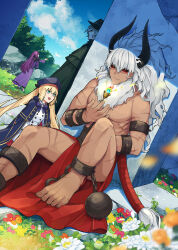  2boys 2girls artoria_caster_(fate) artoria_caster_(second_ascension)_(fate) artoria_pendragon_(fate) asterios_(fate) barefoot black_cape black_hat black_horns black_sclera blonde_hair blue_bow blue_bowtie blue_cape blue_hat blue_sky bow bowtie cape closed_mouth cloud colored_sclera commentary_request cow_horns dark-skinned_male dark_skin day dress edmond_dantes_(fate) fate/grand_order fate_(series) floating floating_object flower gold_trim grass green_eyes hair_between_eyes hat height_difference highres horns jest_ht90 long_hair multiple_boys multiple_girls multiple_scars muscular muscular_male open_mouth orange_flower outdoors pink_flower purple_dress purple_hair red_eyes red_flower scar scathach_(fate) scathach_skadi_(fate) shadow sitting sky smile toenails toes topless_male twintails very_long_hair white_dress white_flower white_hair 