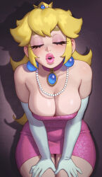  1girl absurdres blonde_hair blush breasts close-up closed_eyes commentary crown dress earrings elbow_gloves english_commentary facing_viewer gloves highres incoming_kiss jewelry large_breasts long_hair mario_(series) nintendo open_mouth pink_dress princess_peach riz solo sphere_earrings super_mario_bros._1 white_gloves  rating:Sensitive score:270 user:danbooru